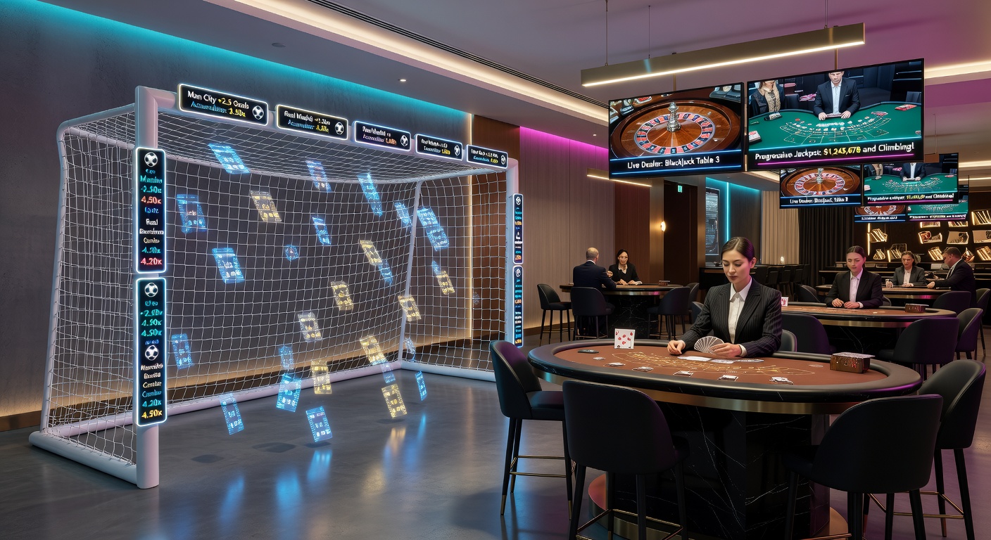 Fußballspieler jubelt vor Tor, während Casino-Chips und Dealer-Karten im Hintergrund schweben, symbolisierend die Verschmelzung von Sportwetten und Tischspielen