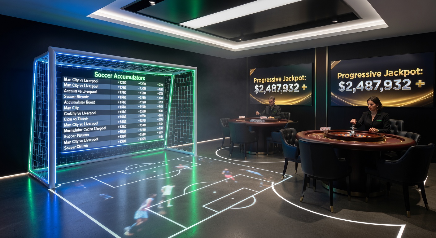 Live-Dealer dreht Roulette-Rad, während Fußball-Quote-Ticker und jackpot-zählender Slot im Split-Screen erscheinen