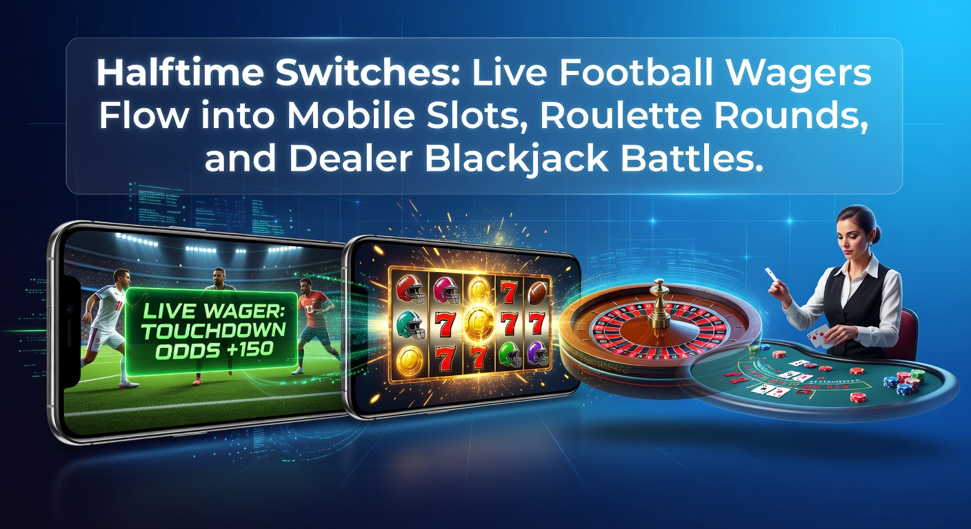 Smartphone mit Live-Fußballwette und Casino-Apps im Hintergrund, das den Wechsel während der Halbzeit zeigt