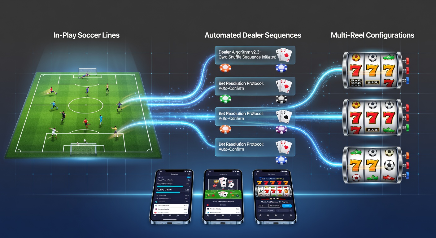 Darstellung der Integration von In-Play-Fußballquoten mit automatisierten Dealer-Systemen und Multi-Reel-Slots auf mobilen Geräten