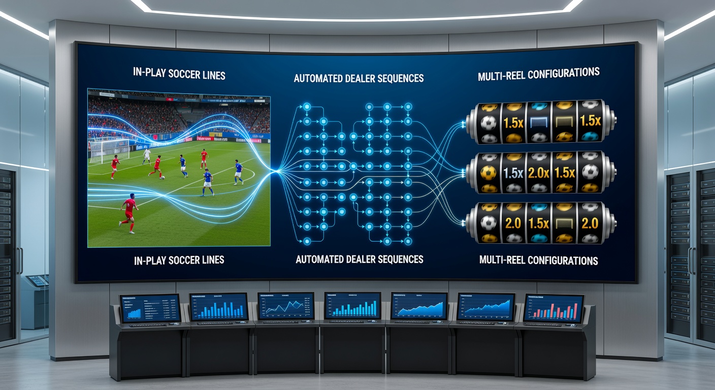 Visualisierung des Datenflusses zwischen In-Play-Fußballmärkten, Dealer-Sequenzen und Slot-Reels auf mobilen Plattformen