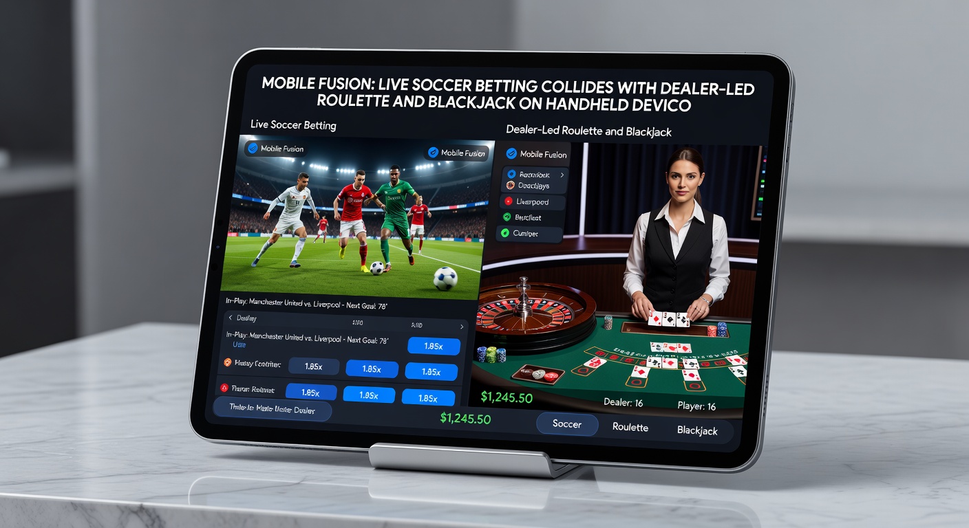 Handheld-Gerät mit geteiltem Bildschirm: Live-Blackjack-Dealer links, Fußball-Match mit Quoten rechts, Touch-Controls sichtbar