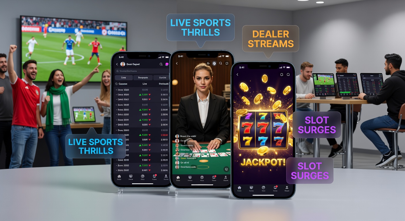 Live-Dealer am Blackjack-Tisch mit mobiler App-Schnittstelle und pulsierenden Slot-Grafiken im Hintergrund