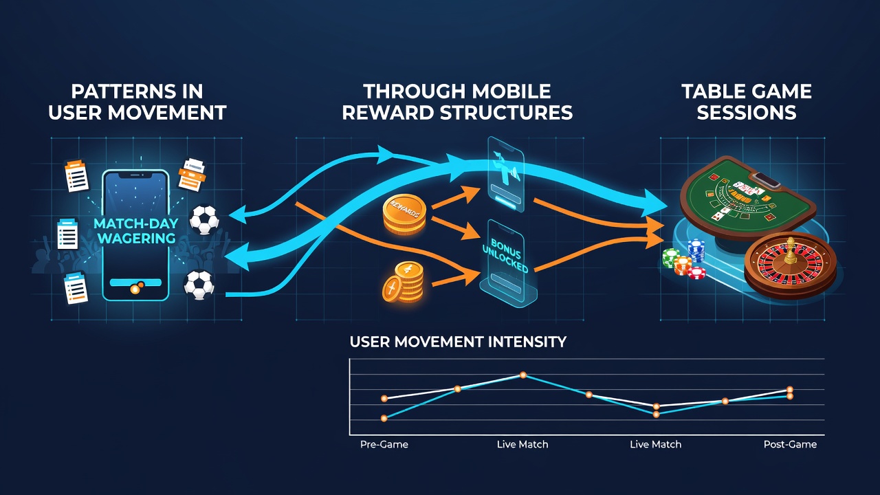 Diagramm illustriert Übergänge von Fußballwetten zu Live-Dealer-Tischen via Belohnungspunkte in mobilen Apps