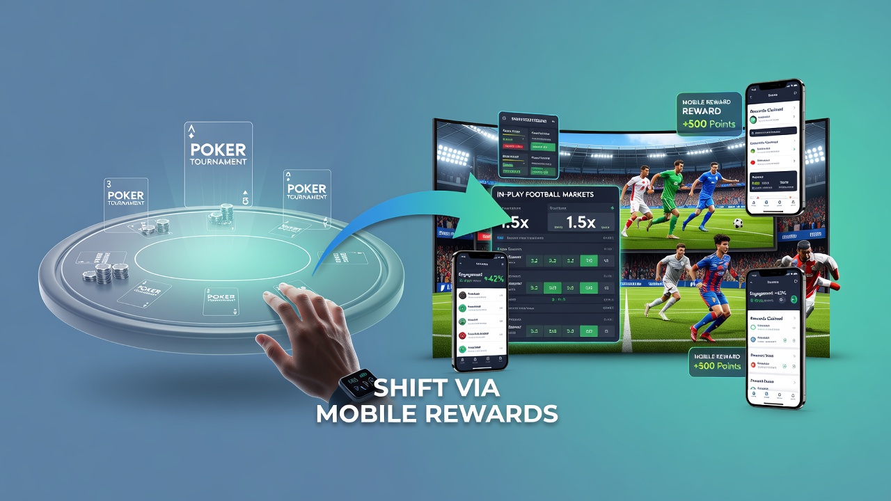 Detailansicht einer mobilen Belohnungsmechanik mit Übergang von Poker zu Fußballwetten in Echtzeit