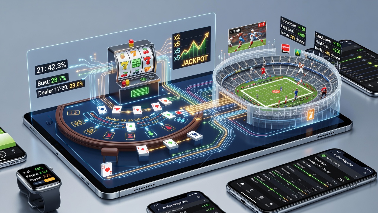 Darstellung mobiler Wettschnittstellen mit integrierten Blackjack- und Slot-Elementen während eines Fußballspiels
